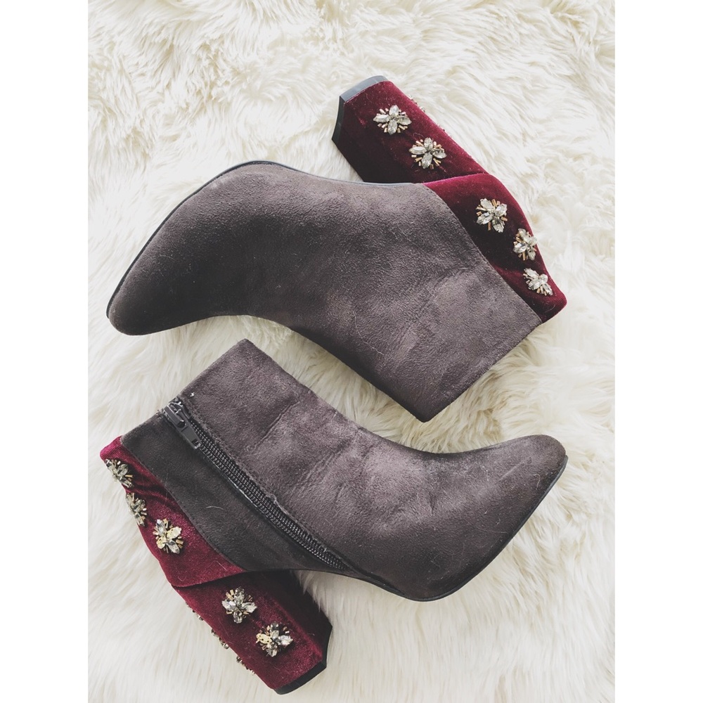 Anthropologie Gray Suede Ankle Boots with Burgundy Jeweled Heel